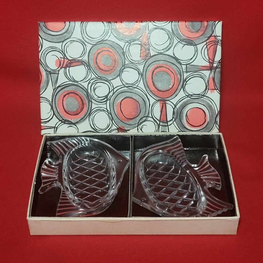 VTG Small Cut Crystal Fish Salt Cellars Sushi Dishes Set of 2